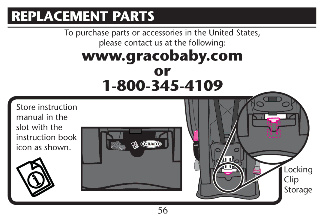 Graco PD215548A owner manual Replacement Parts, Please contact us at the following, Ocking, Clip Storage 