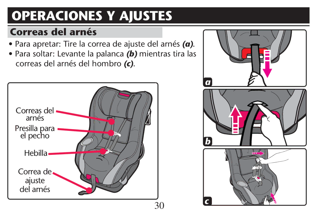 Graco PD215548A owner manual Operaciones Y Ajustes, Correas del arnés, 0RESILLA Para, El pecho 