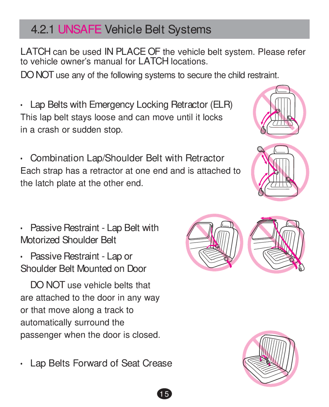 Graco PD215585A manual Unsafe Vehicle Belt Systems, ‡ Lap Belts Forward of Seat Crease 