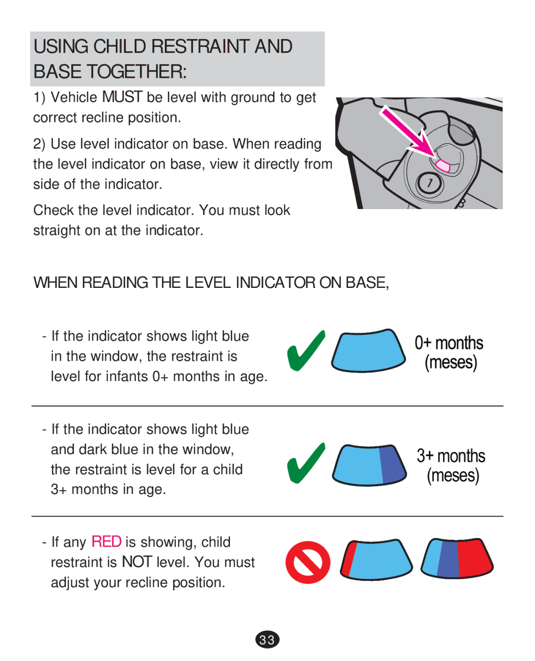 Graco PD215585A manual Using Child Restraint Base Together, When Reading the Level Indicator on Base 