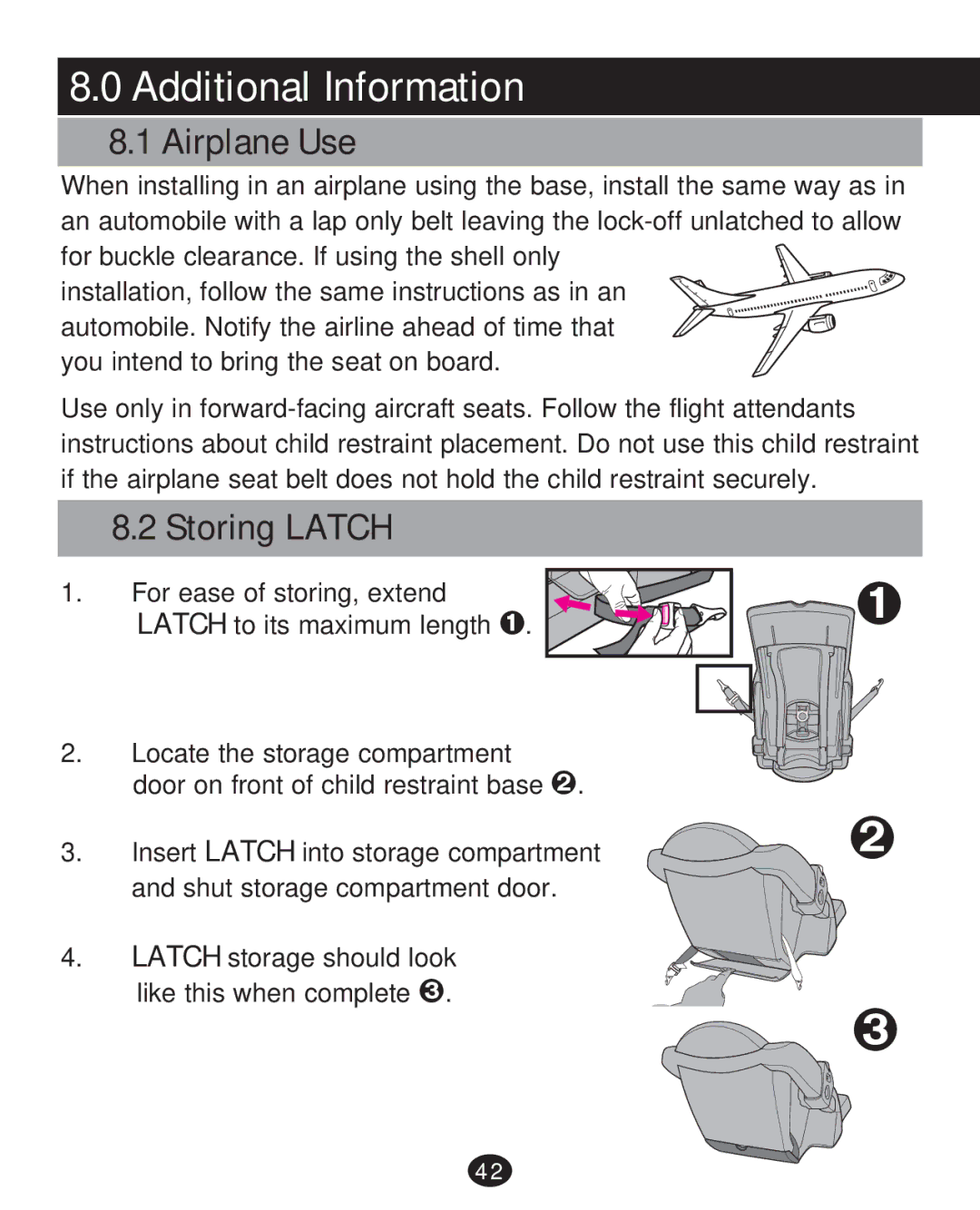 Graco PD215585A manual Additional Information, Airplane Use, Storing Latch 