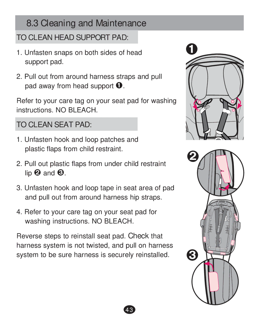 Graco PD215585A manual Cleaning and Maintenance, To Clean Head Support PAD, To Clean Seat PAD 