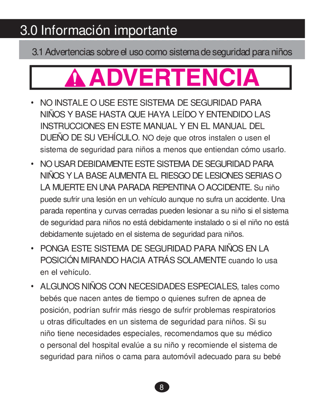 Graco PD215585A manual Información importante, ‡ no Instale O USE Este Sistema DE Seguridad Para 