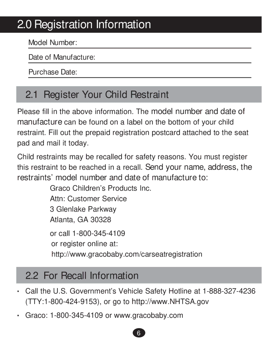 Graco PD215585A manual Registration Information, Register Your Child Restraint, For Recall Information 