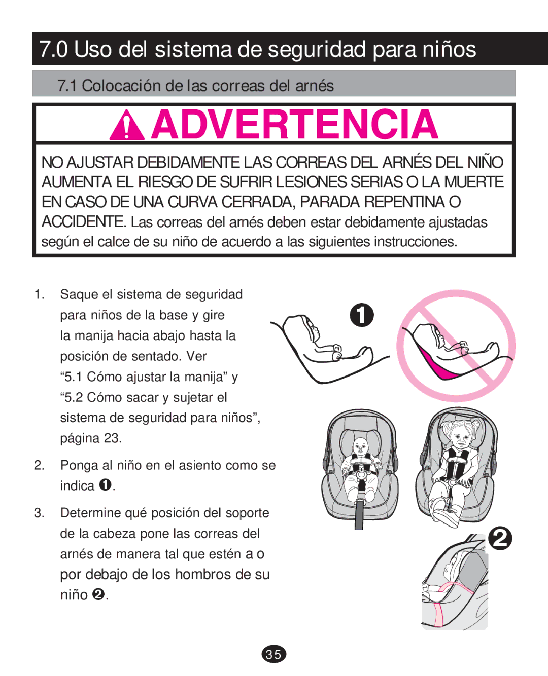 Graco PD215585A manual Uso del sistema de seguridad para niños, Colocación de las correas del arnés 