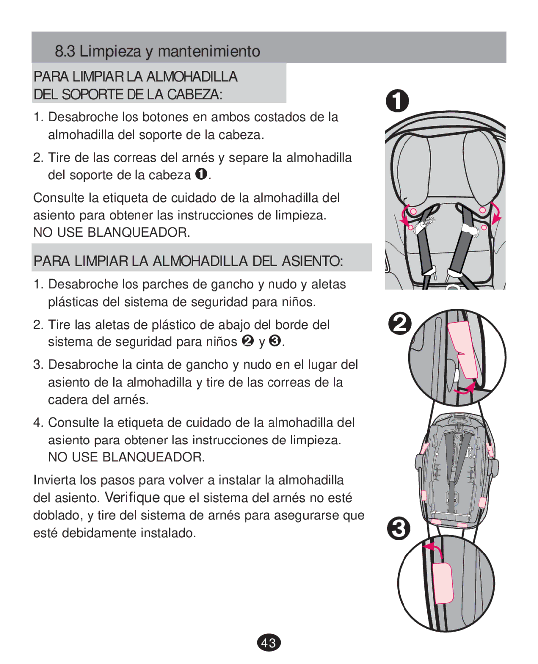 Graco PD215585A manual Limpieza y mantenimiento, Para Limpiar LA Almohadilla DEL Soporte DE LA Cabeza 