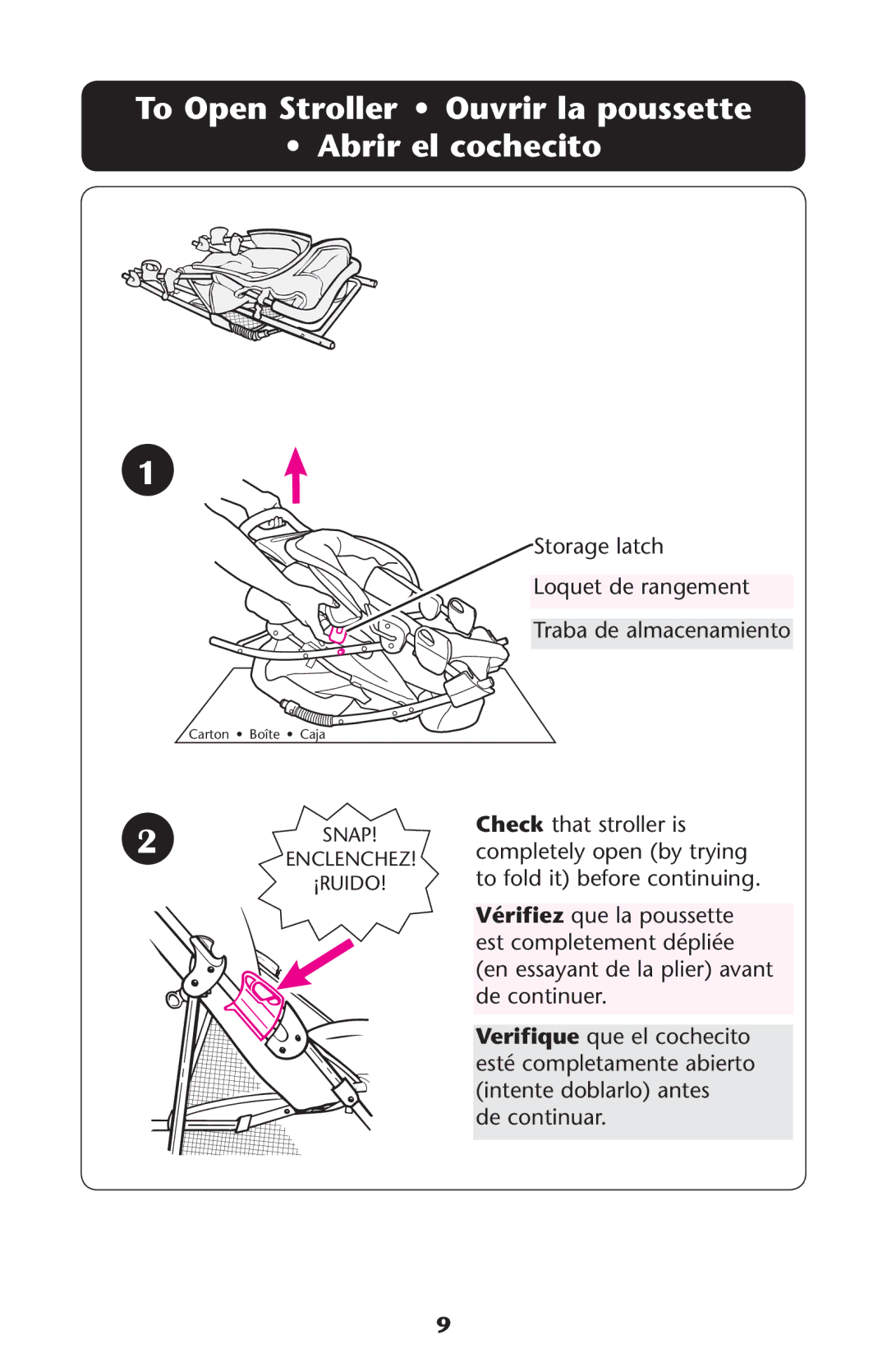 Graco PD216493B owner manual Storage latch Loquet de rangement Traba de almacenamiento 