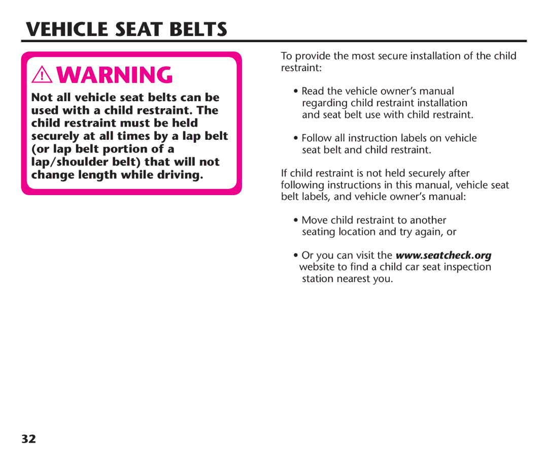 Graco PD220686A instruction manual Vehicle Seat Belts, If child restraint is not held securely after 