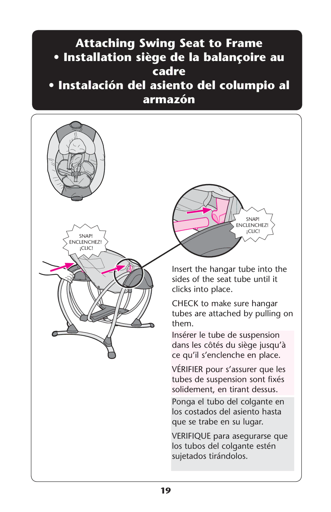 Graco PD221070A owner manual Attaching Swing Seat to Frame, Cadre 