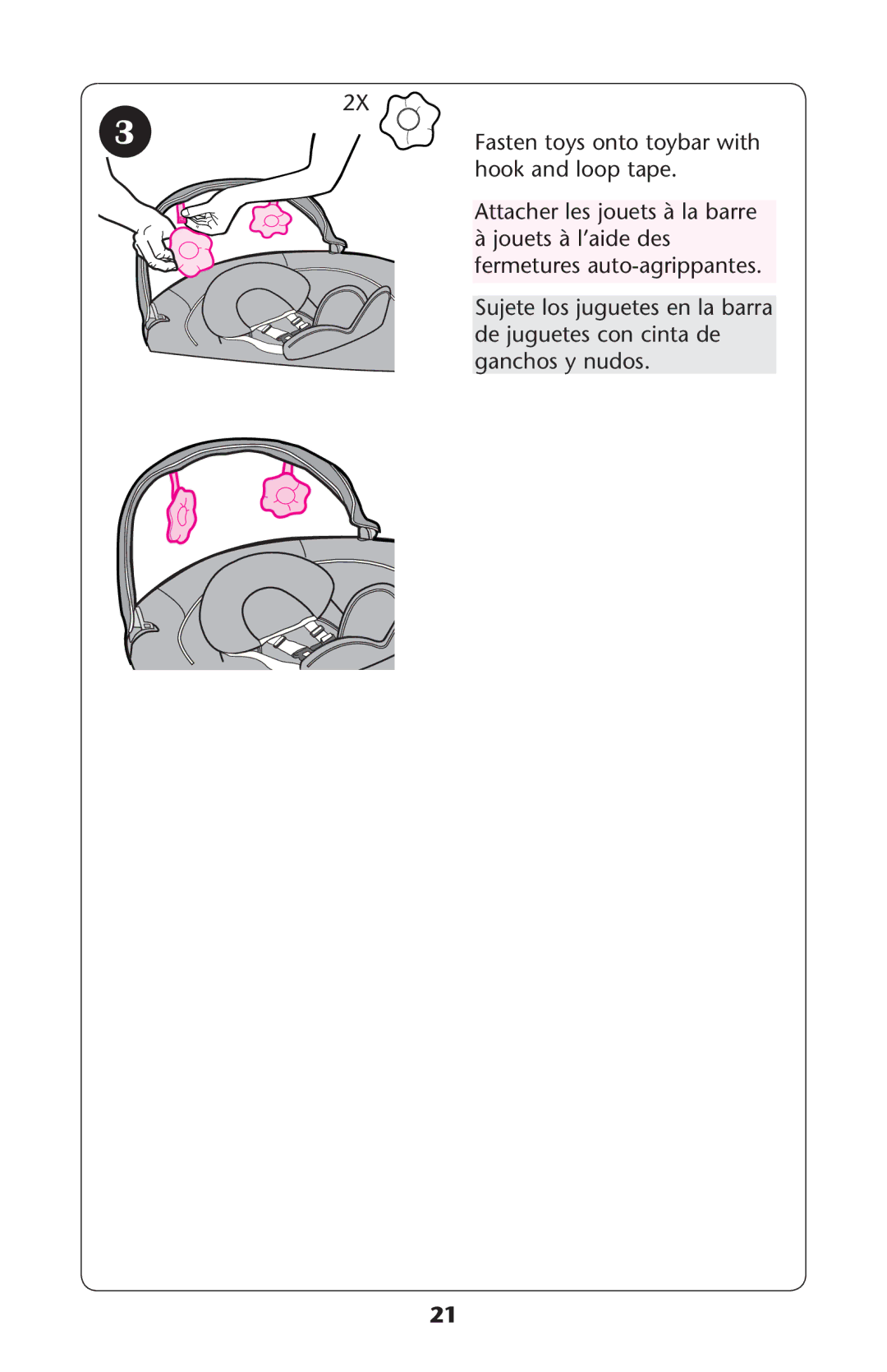 Graco PD221070A owner manual Attacher les jouets à la barre Jouets à l’aide des, Fermetures AUTOAGRIPPANTES 