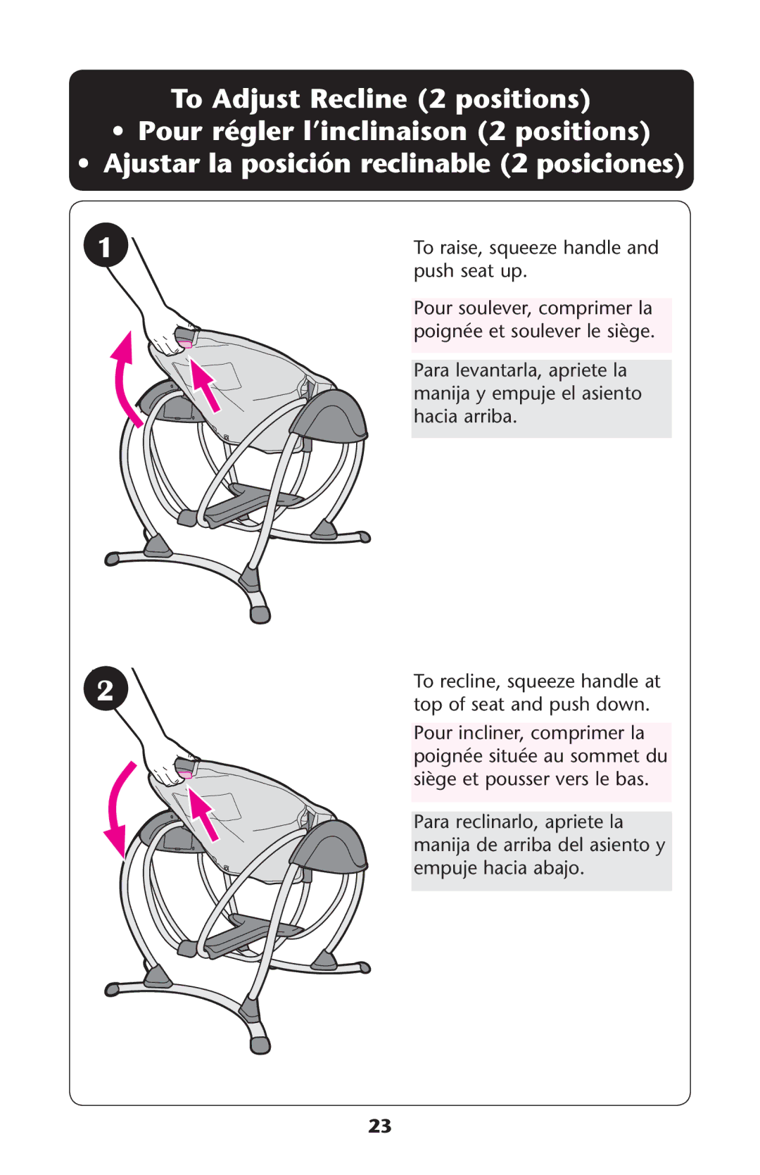 Graco PD221070A To Adjust Recline 2 positions, Push seat up, Pour soulever, comprimer la, Poignïeget Soulever LE SIÒGE 