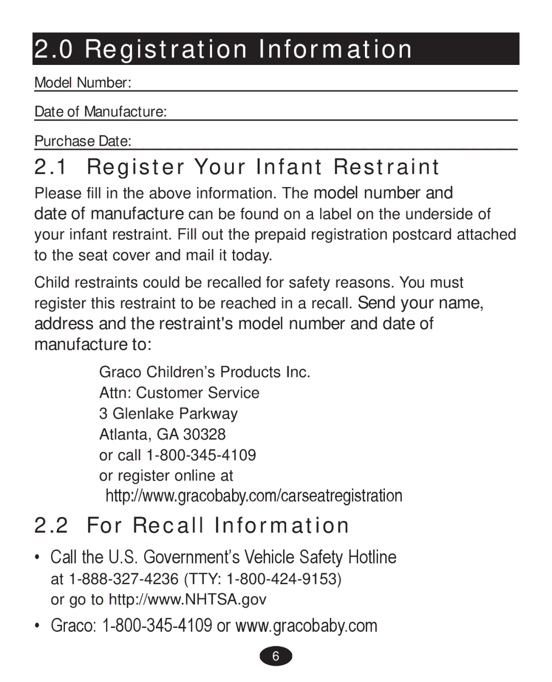 Graco PD223368A manual Registration Information, Register Your Infant Restraint, For Recall Information 