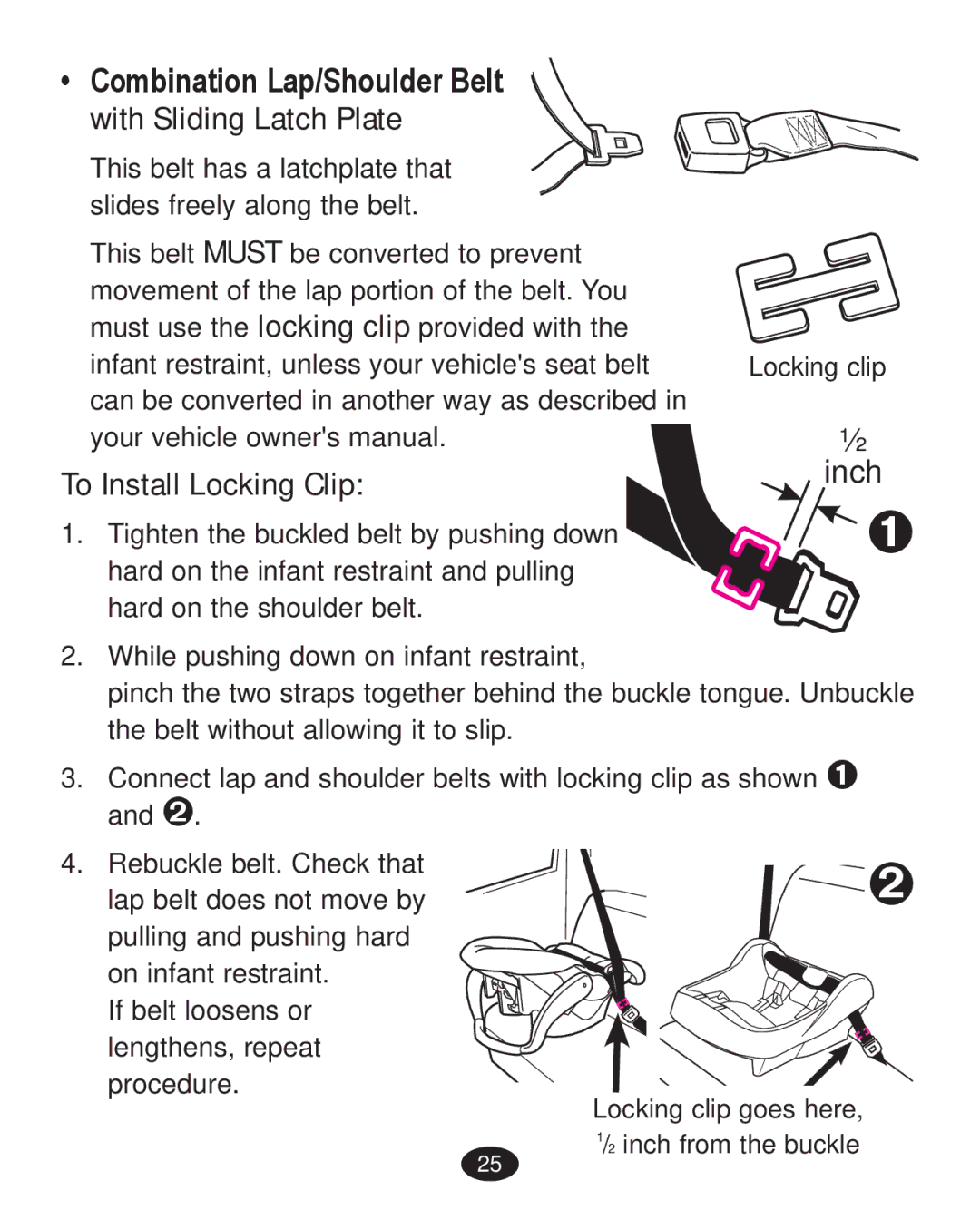 Graco PD223368A manual ‡ &RPELQDWLRQ/DS6KRXOGHU%HOW, With Sliding Latch Plate, To Install Locking Clip 