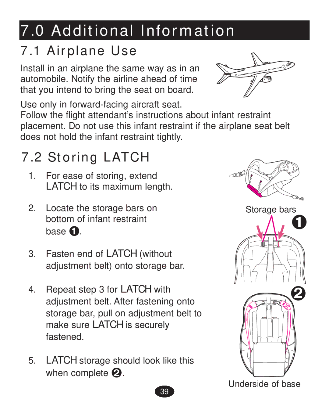 Graco PD223368A manual Additional Information, Airplane Use, Storing Latch 