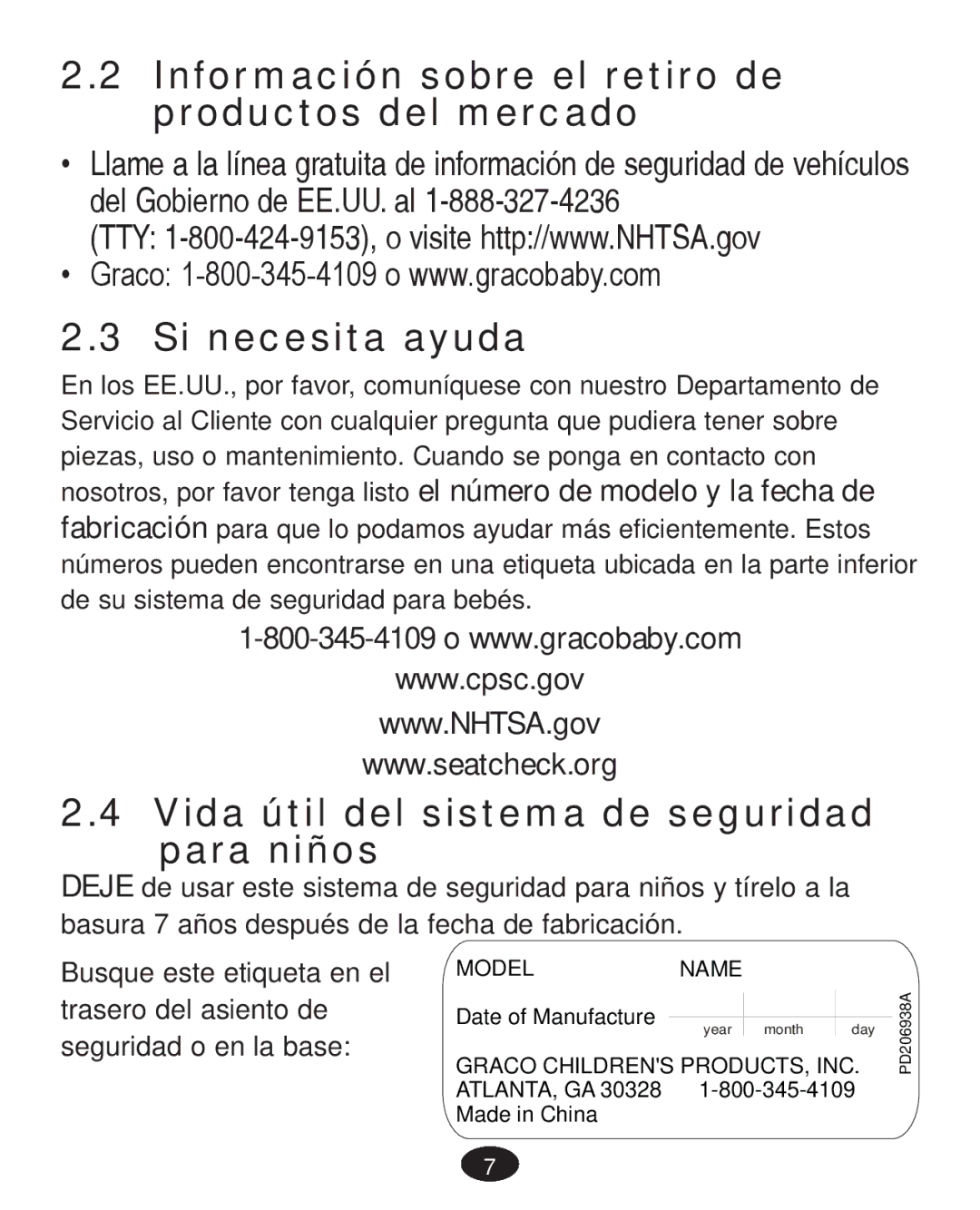 Graco PD223368A manual Información sobre el retiro de productos del mercado, Si necesita ayuda 