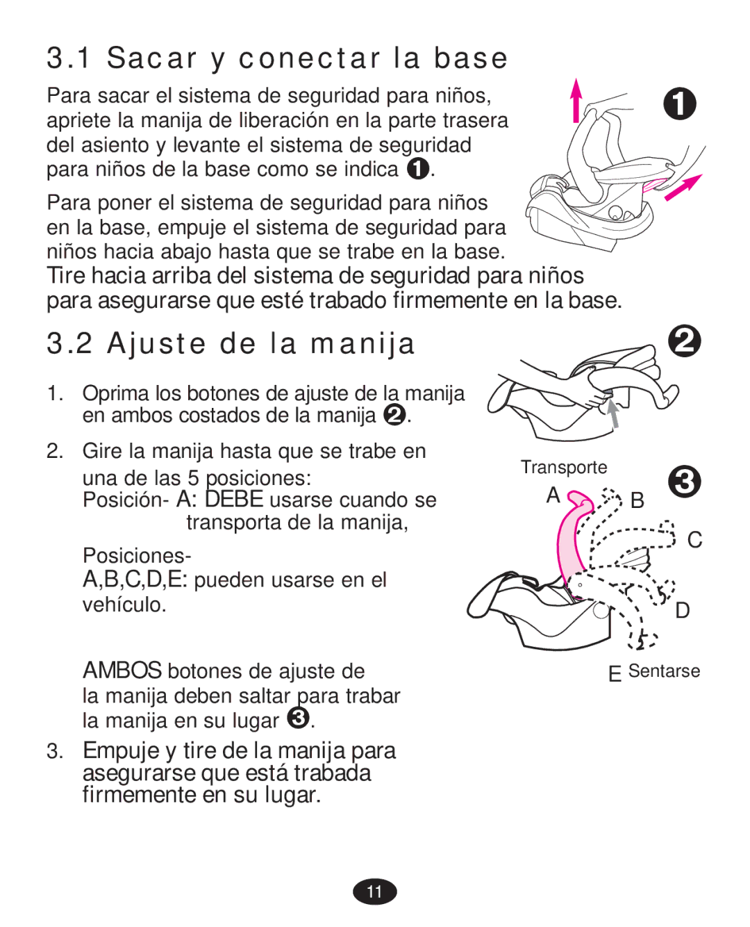 Graco PD223368A manual Sacar y conectar la base, Ajuste de la manija 