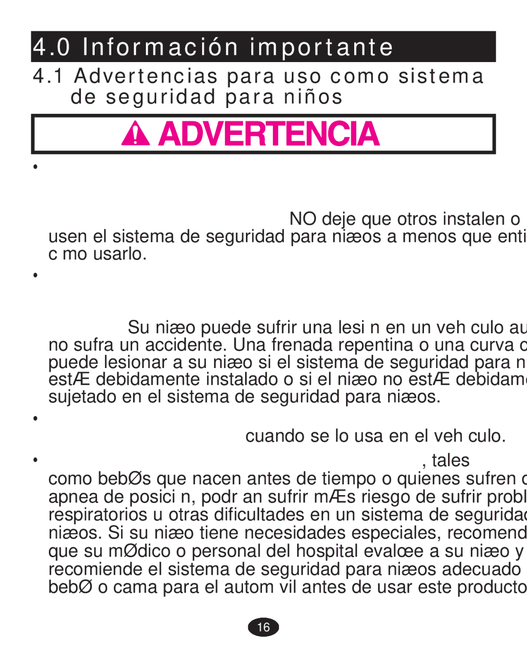 Graco PD223368A manual Información importante, Advertencias para uso como sistema de seguridad para niños 