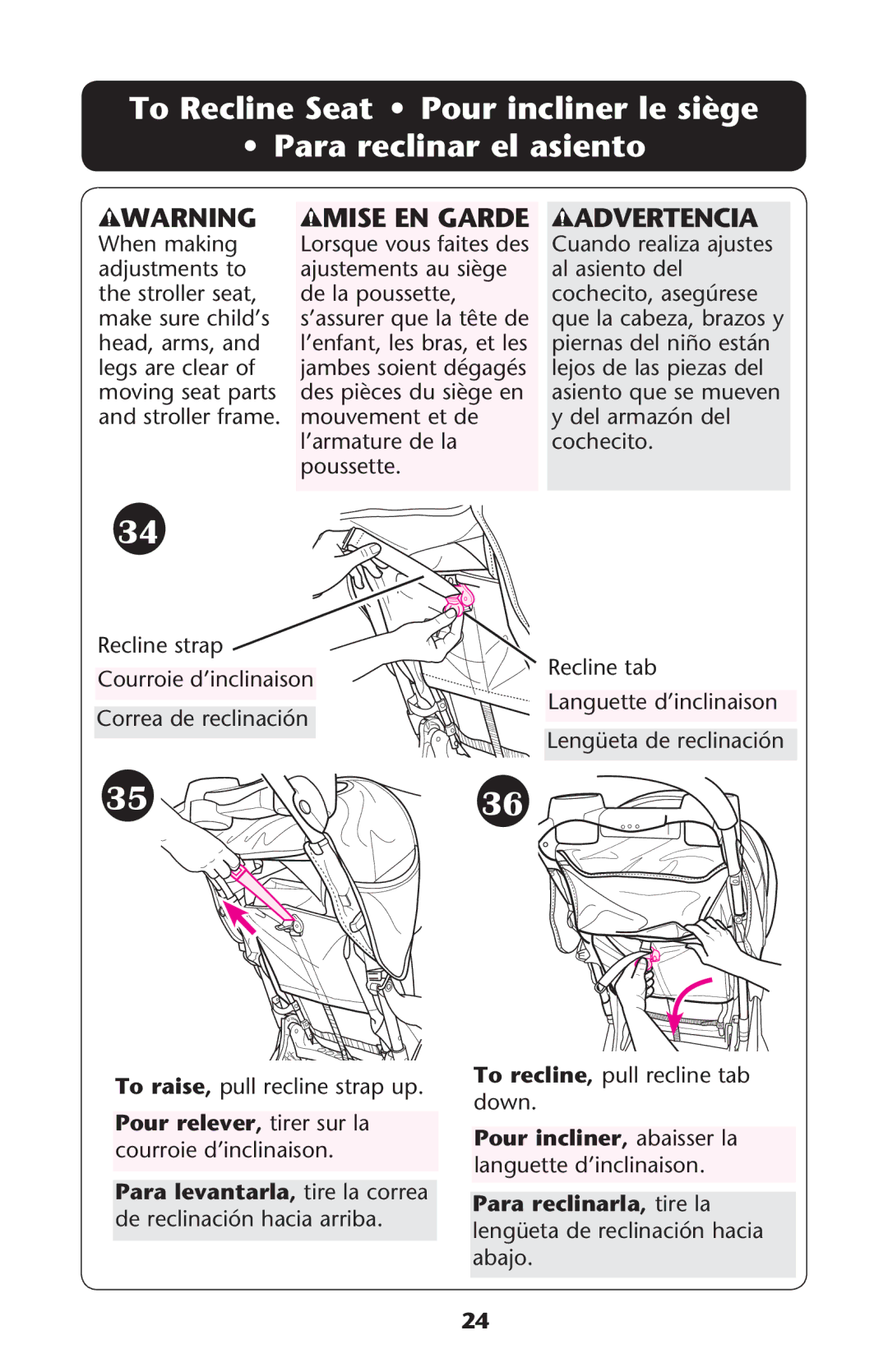 Graco PD224061A owner manual 0OUR Relever tirer sur la courroie d’inclinaison 