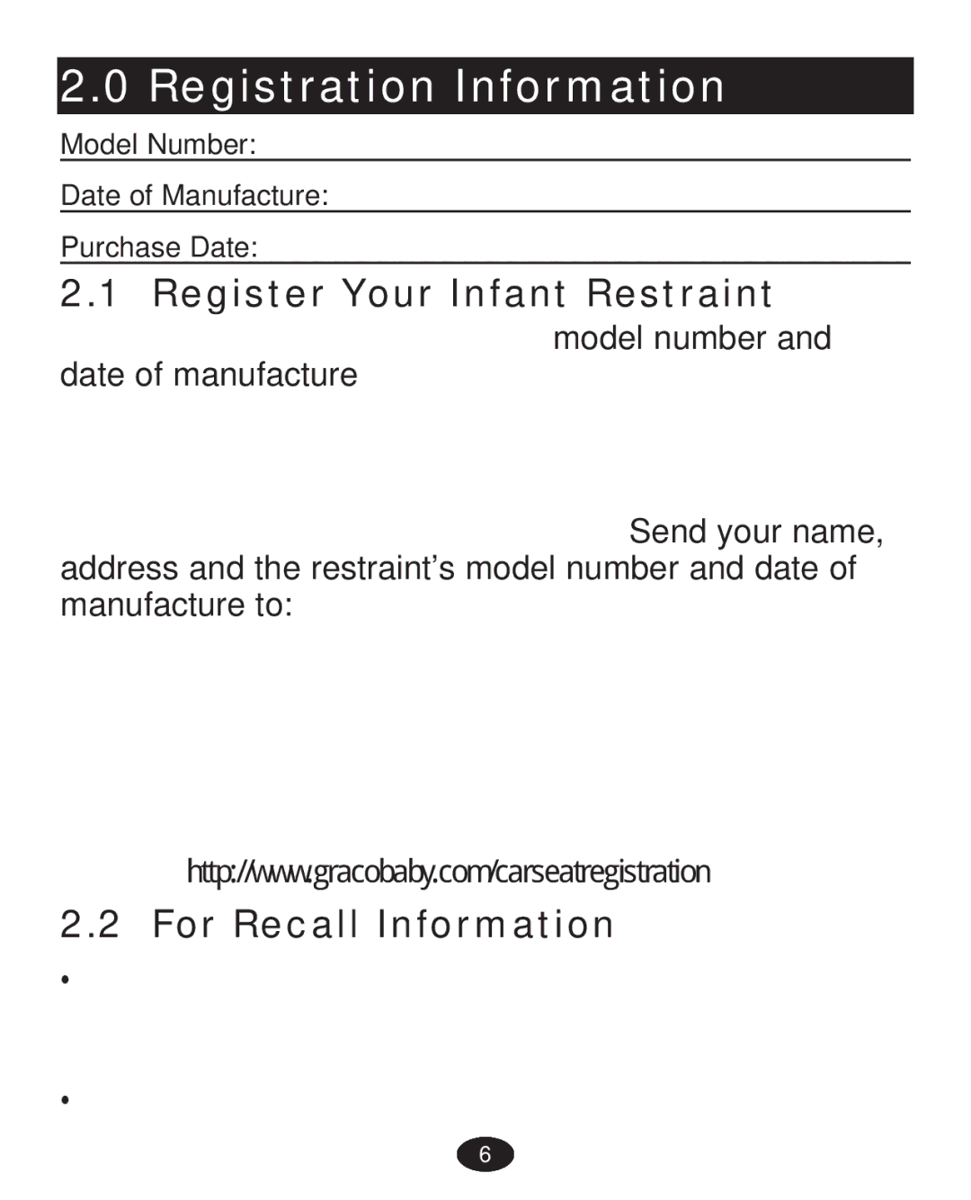 Graco PD224061A owner manual Registration Information, Register Your Infant Restraint, For Recall Information 