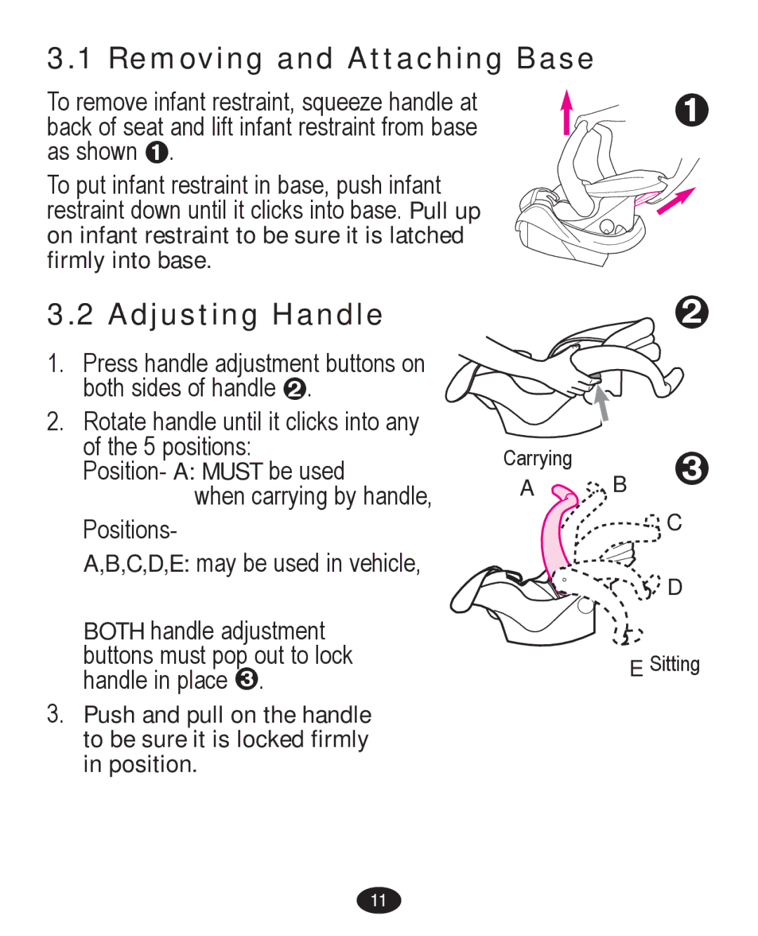 Graco PD224061A owner manual Removing and Attaching Base, Adjusting Handle 