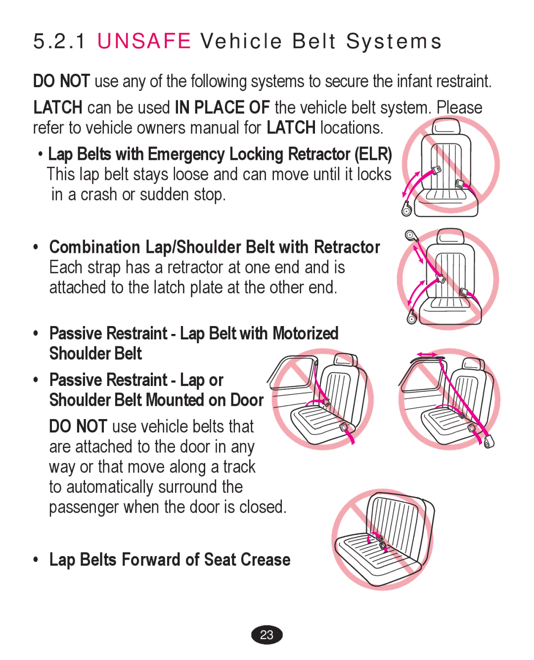 Graco PD224061A owner manual Unsafe Vehicle Belt Systems, ‡ Lap Belts with Emergency Locking Retractor ELR 