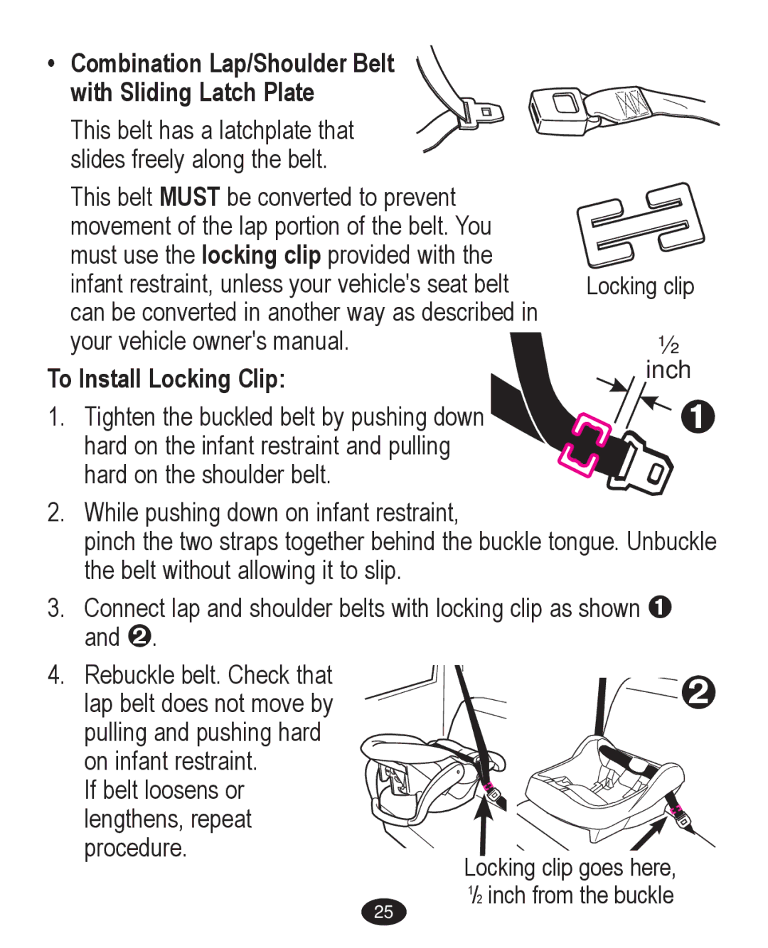 Graco PD224061A owner manual ‡ Combination Lap/Shoulder Belt With Sliding Latch Plate, To Install Locking Clip 