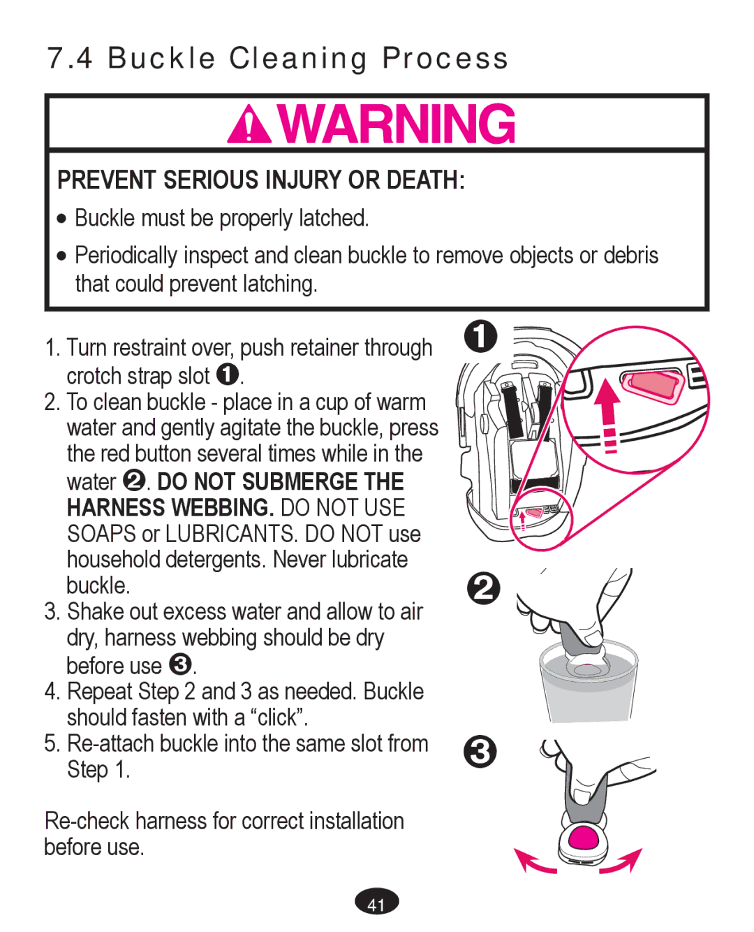 Graco PD224061A owner manual Buckle Cleaning Process, Prevent Serious Injury or Death 