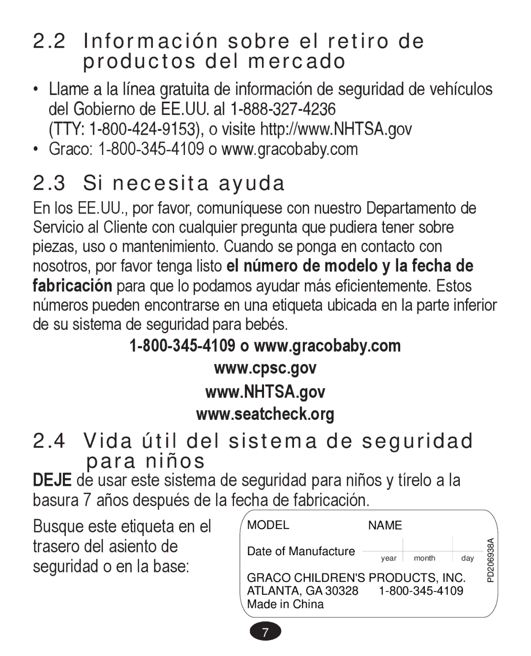 Graco PD224061A owner manual Vida útil del sistema de seguridad para niños 