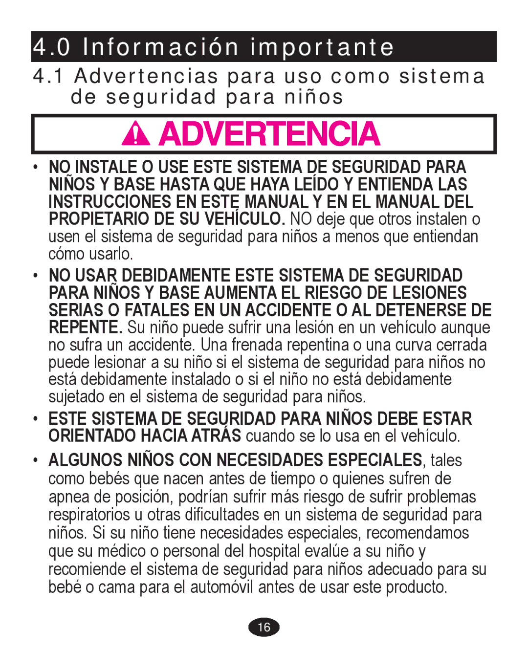 Graco PD224061A owner manual Información importante, Advertencias para uso como sistema de seguridad para niños 