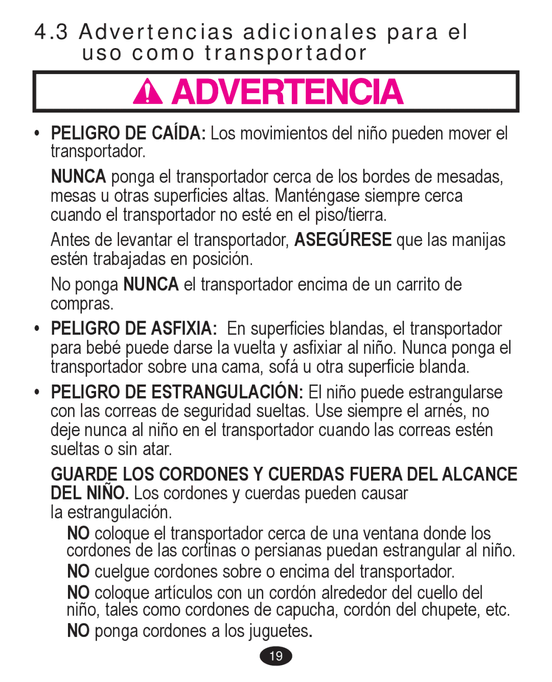 Graco PD224061A owner manual Advertencias adicionales para el uso como transportador 