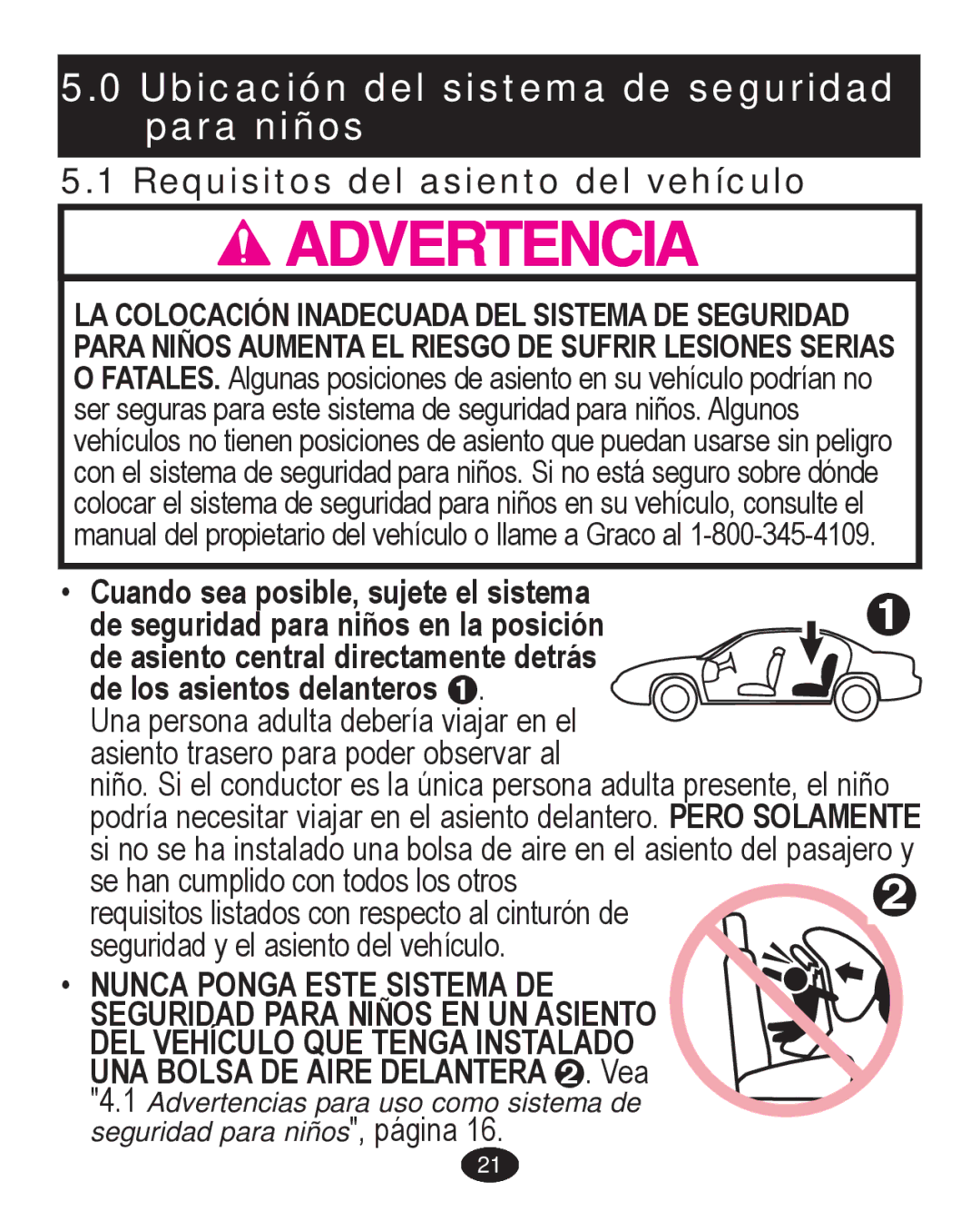 Graco PD224061A owner manual Ubicación del sistema de seguridad para niños 