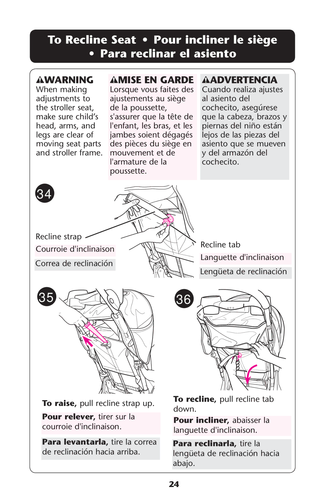 Graco PD224074A owner manual 0ARA RECLINARLANtire la lengüeta de reclinación hacia abajo 