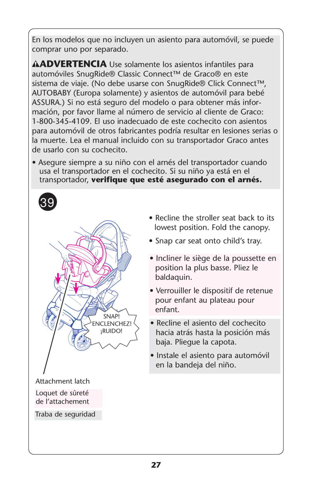 Graco PD224074A owner manual SsNSTALETEL Asientoepara Automøvilm en la bandeja del niño 