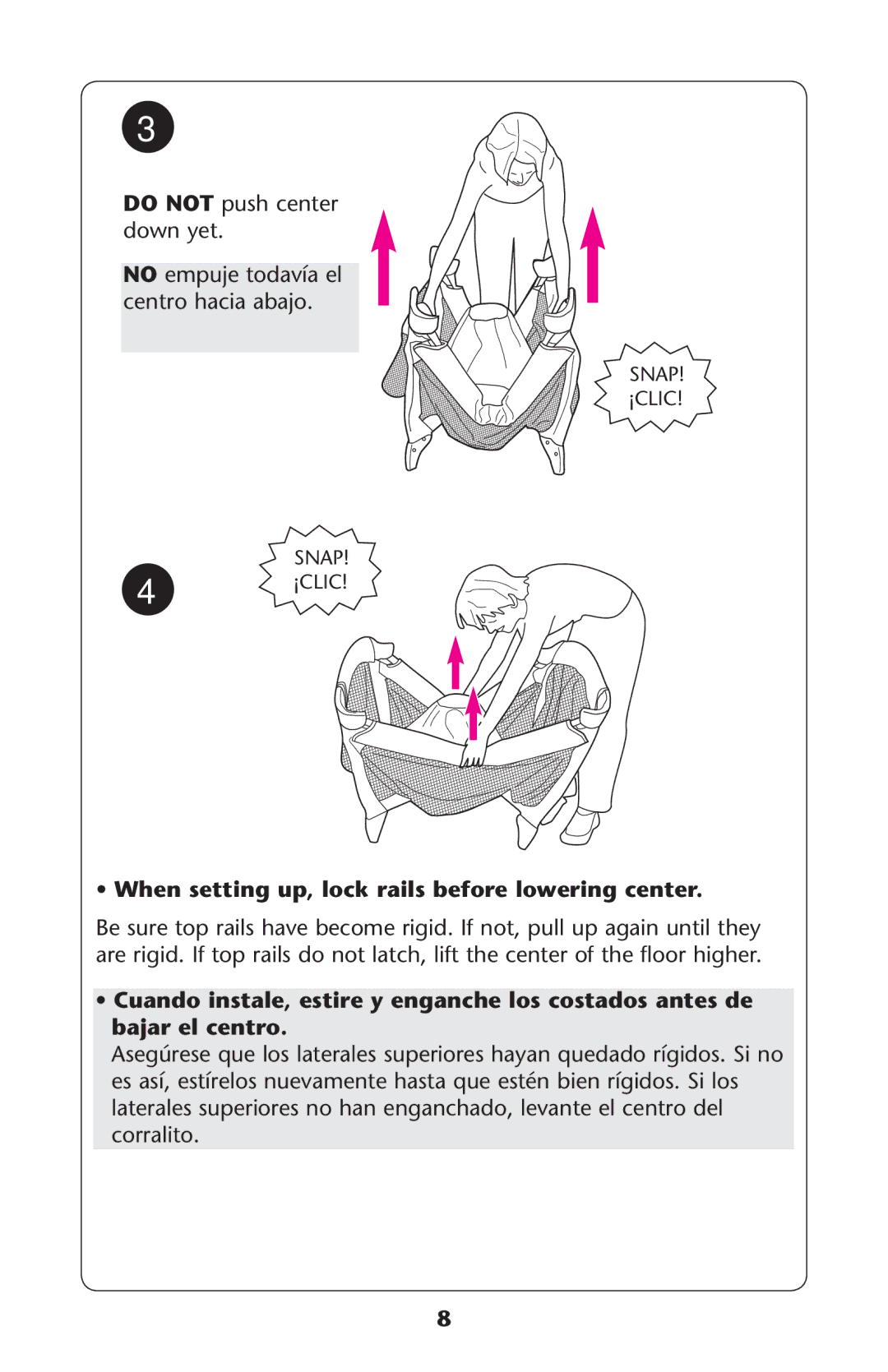 Graco PD224816C owner manual SsWhen setting up, lock rails before lowering center 
