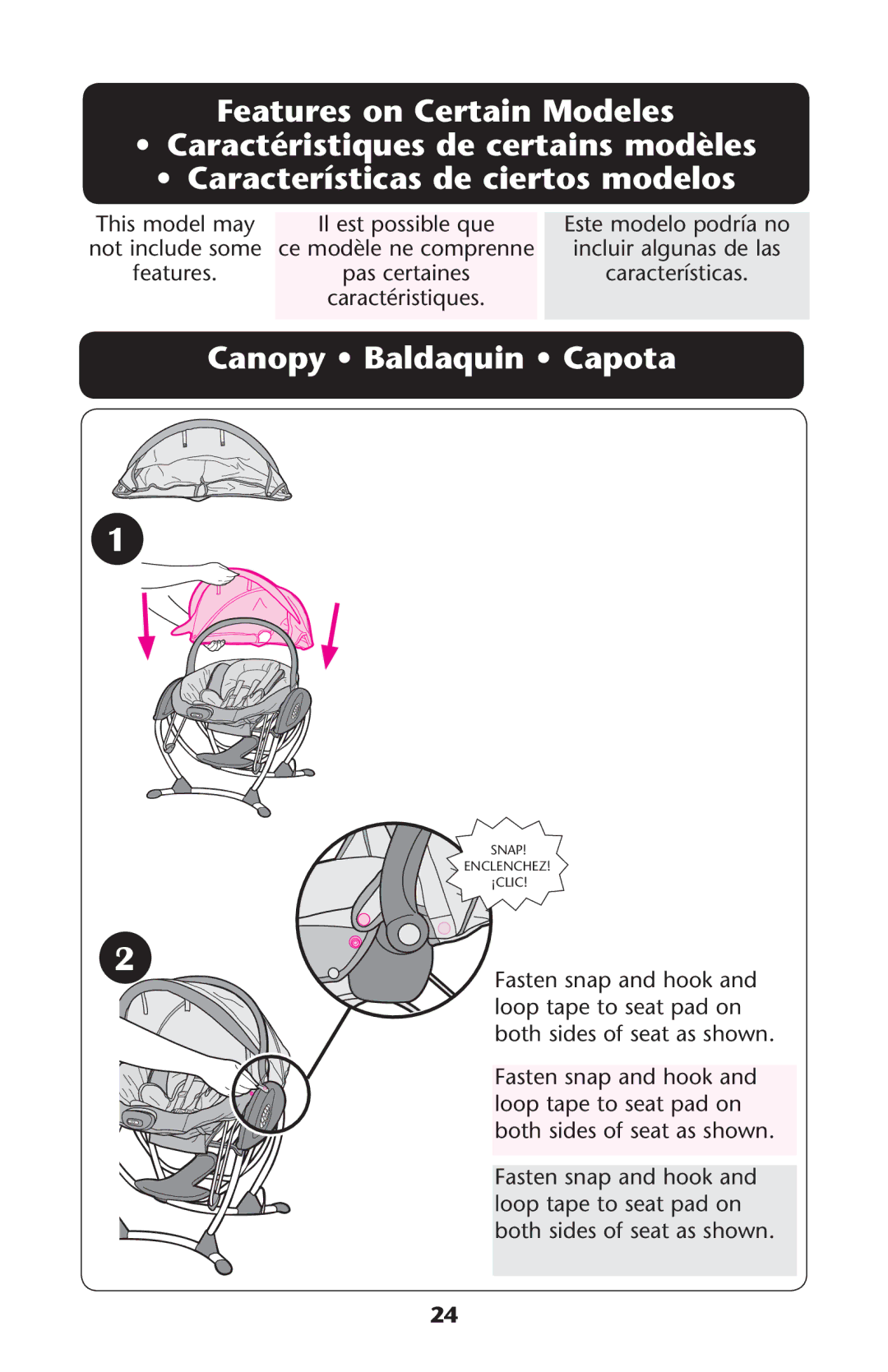 Graco PD225586A owner manual Features on Certain Modeles, #ANOPY ssALDAQUINAss#APOTA, This model may Il est possible que 