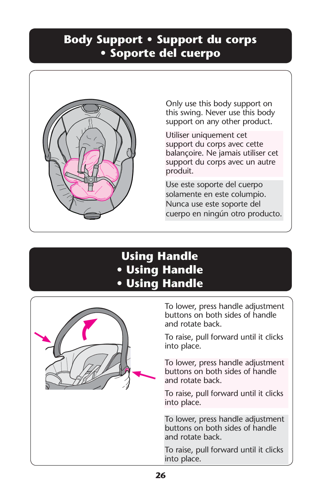 Graco PD225586A owner manual ODY 3UPPORTPss3UPPORTPDU Corps Ss3OPORTEODELECUERPO, Using Handle Ss5SINGIANDLE 