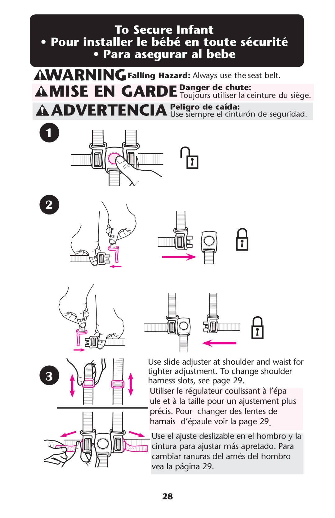 Graco PD225586A owner manual Ss0ARA Asegurar AL Bebe, Mise EN Garde Danger de chute, Advertencia Peligro de caída 