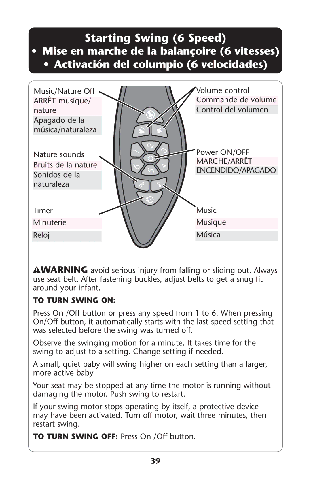 Graco PD225586A owner manual Starting Swing 6 Speed, Inuterie 2ELOJ, Usic Usique Þsica, To Turn Swing on 