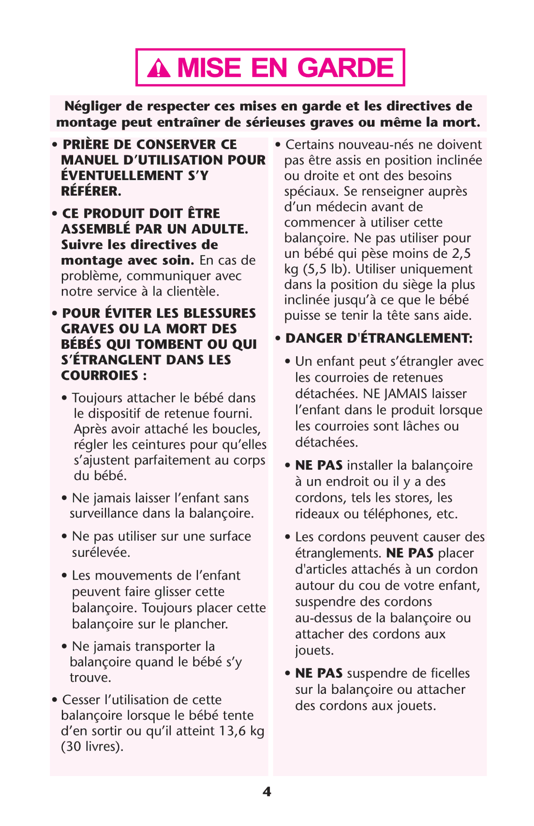 Graco PD225586A Manuel D’UTILISATION Pour Éventuellement S’Y Référer, SsCE Produit Doit Être, SsPOUR Éviter LES Blessures 