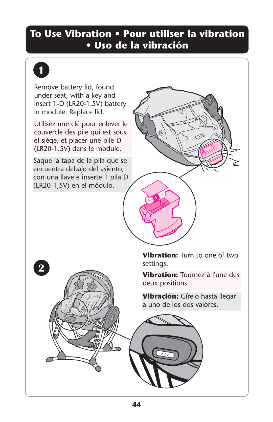 Graco PD225586A owner manual Ss5SOSDE LA Vibraciøn, Settings, Vibration 4OURNEZ ÌÌLgUNEUDESE deux positions 