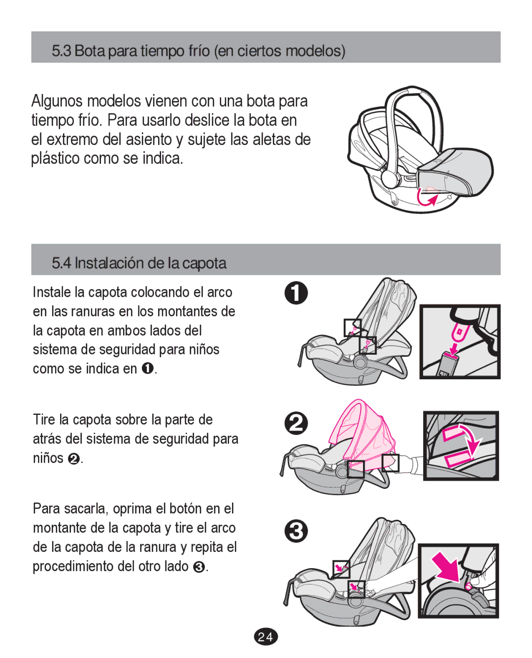 Graco PD226446B manual Bota para tiempo frío en ciertos modelos, Instalación de la capota 