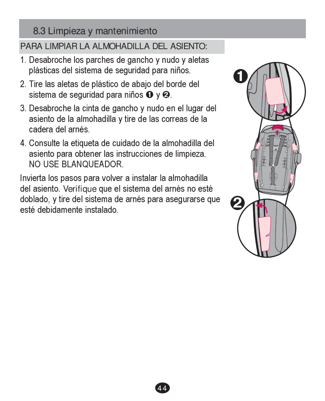 Graco PD226446B manual Limpieza y mantenimiento, Para Limpiar LA Almohadilla DEL Asiento 