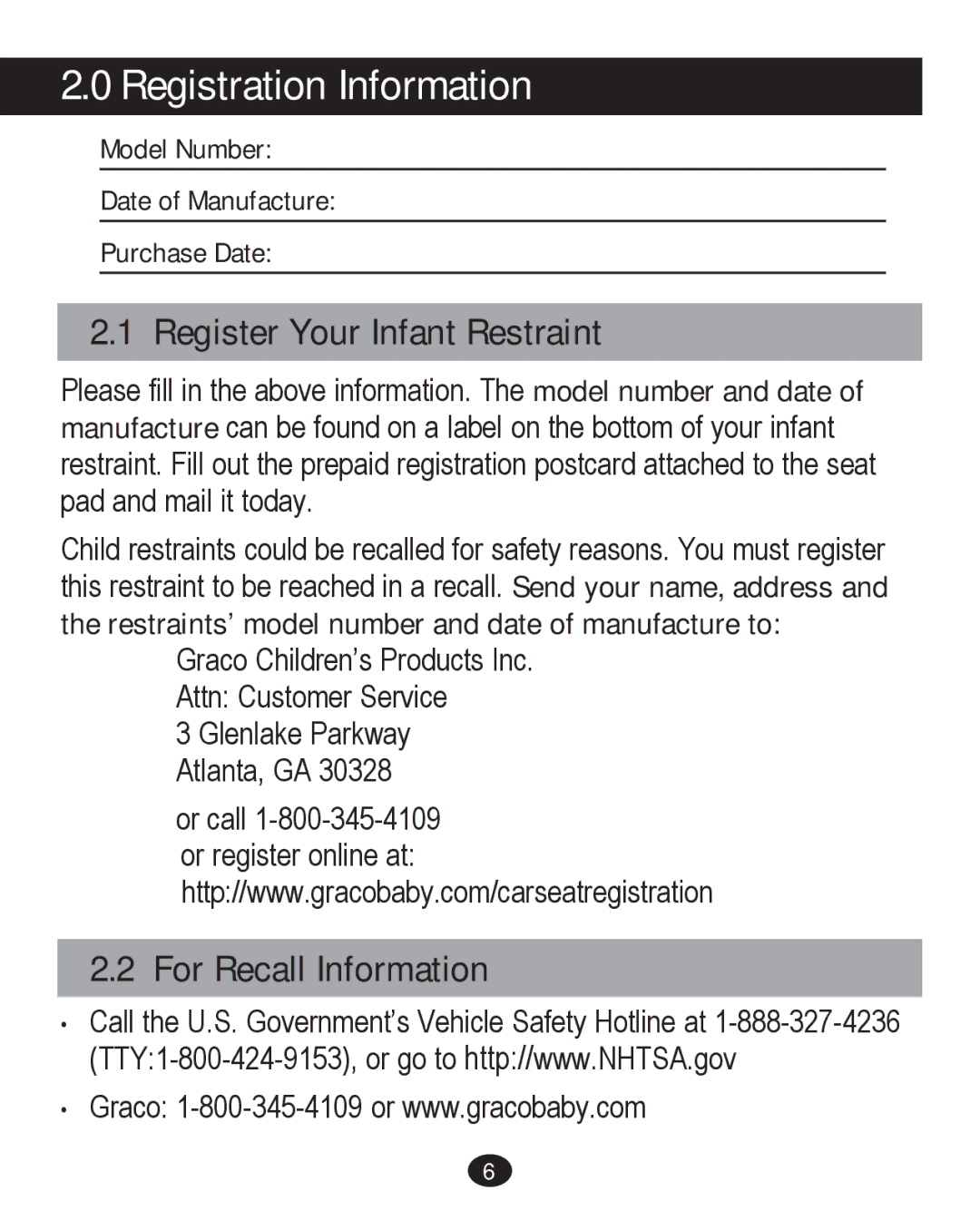 Graco PD226446B manual Registration Information, Register Your Infant Restraint, For Recall Information 