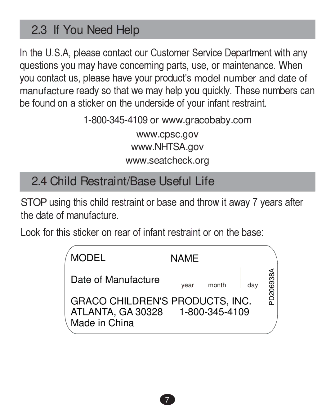 Graco PD226446B manual If You Need Help, Child Restraint/Base Useful Life 