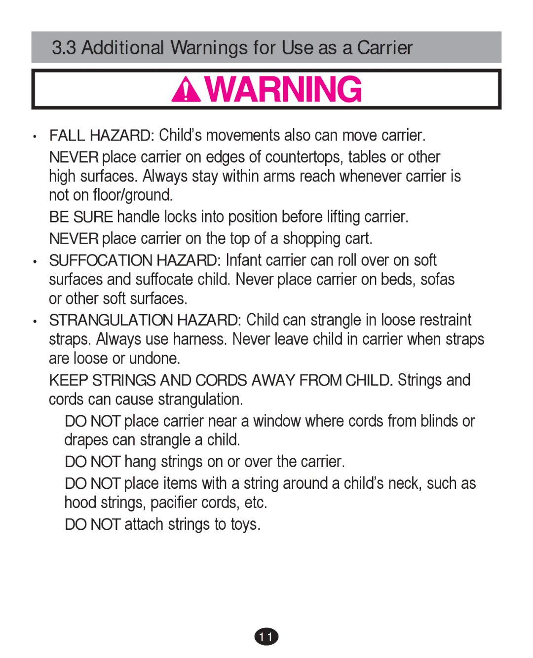 Graco PD226446B manual Additional Warnings for Use as a Carrier 