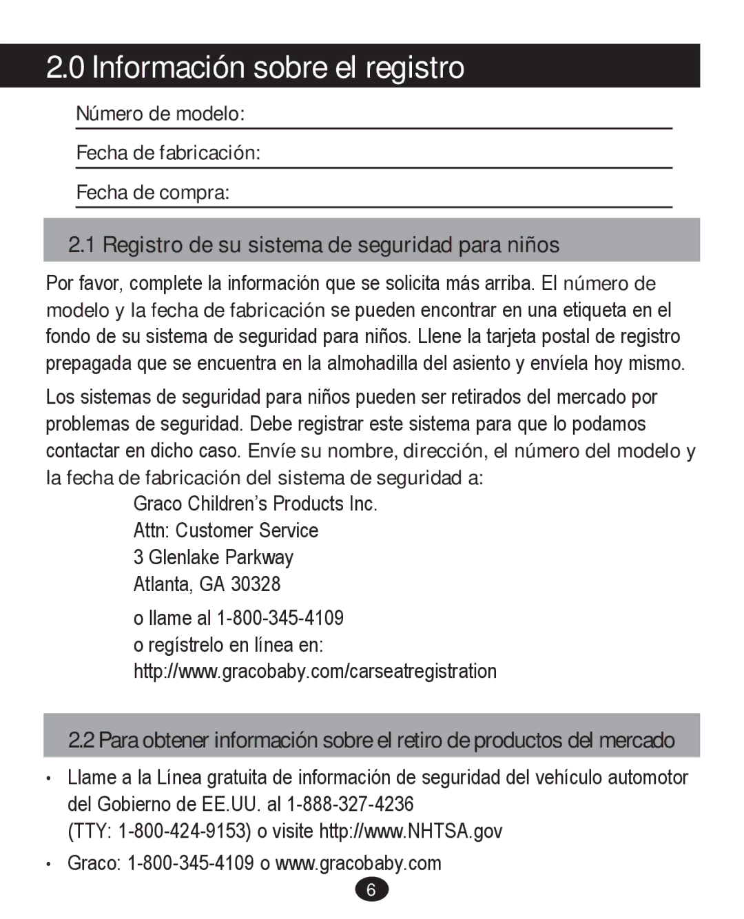 Graco PD226446B manual Información sobre el registro, Registro de su sistema de seguridad para niños 