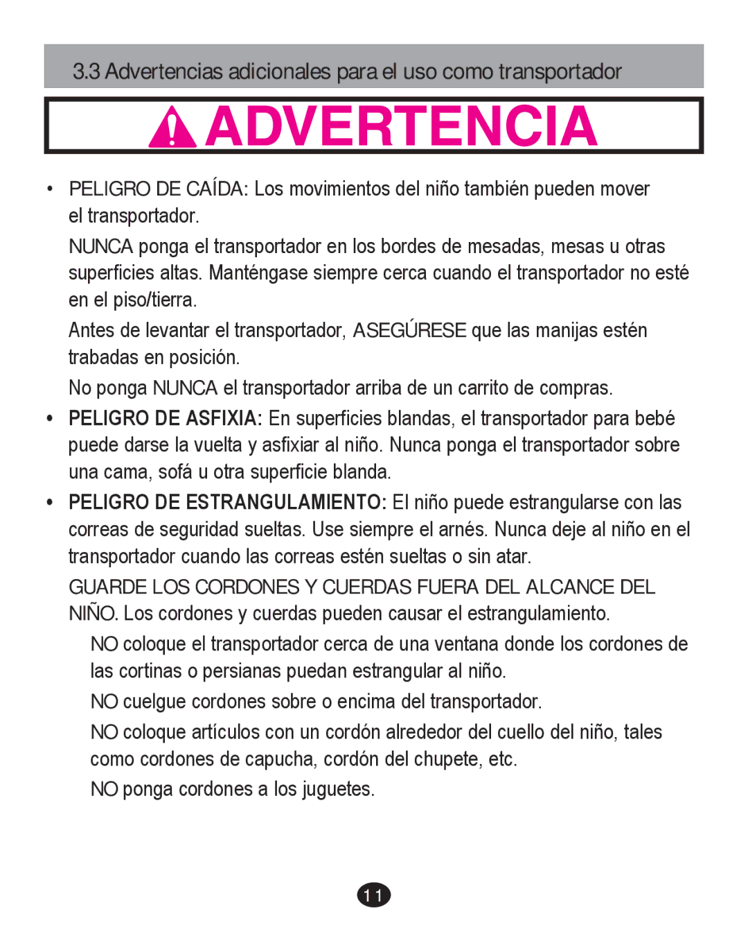 Graco PD226446B manual Advertencias adicionales para el uso como transportador 