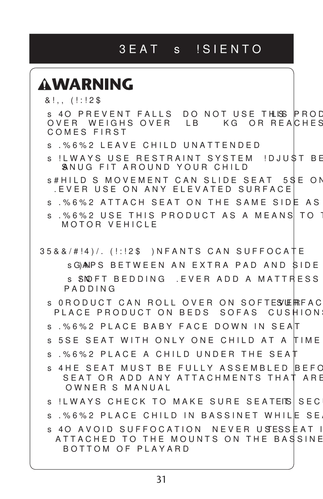 Graco PD227120B 3EAT s !SIENTOE, Ss.%6%26LEAVEACHILDIUNATTENDED, Ss#HILDSSMOVEMENT CANASLIDEISEATA5SESONLY on FLOOR 