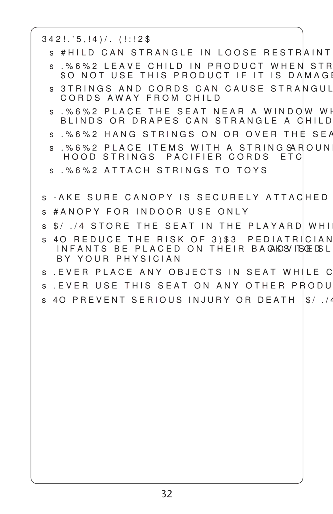 Graco PD227120B owner manual $O Notousesthis Productdif IT is Damagedaor BROKEN, Ss.%6%26HANG Stringsion or Over THEHSEAT 