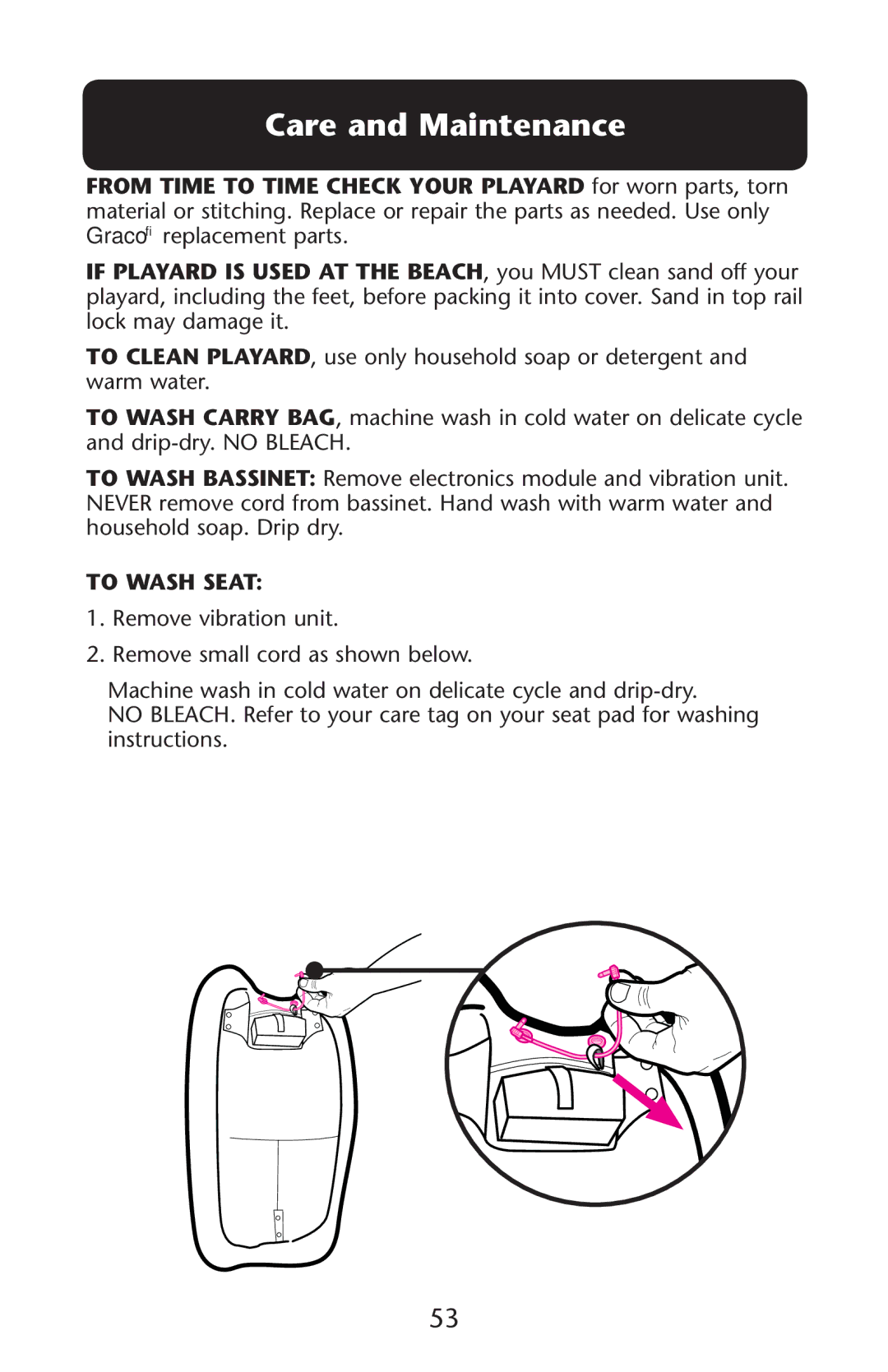 Graco PD227120B owner manual Care and Maintenance, To Wash Seat 